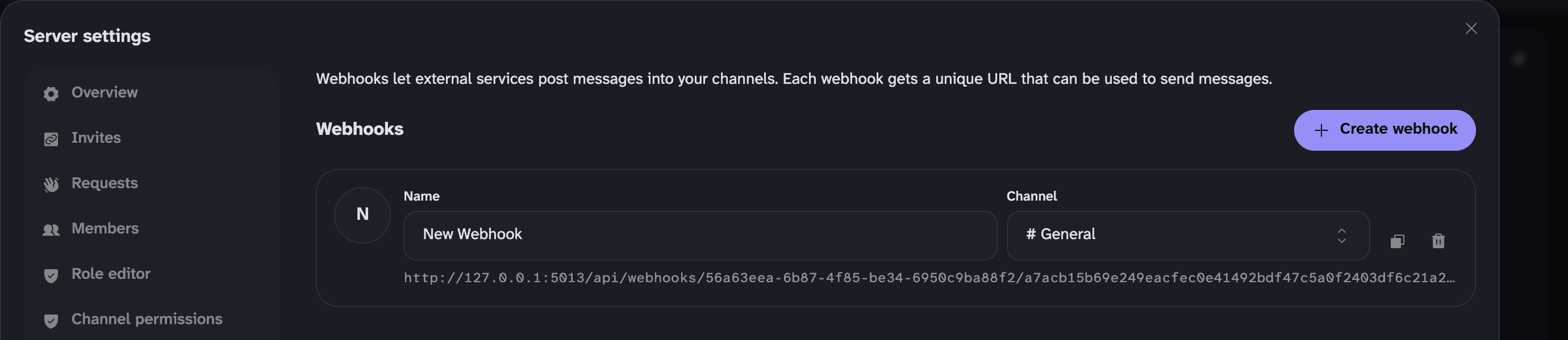 The Webhooks tab in server settings, with one webhook called New Webhook posting to #General
